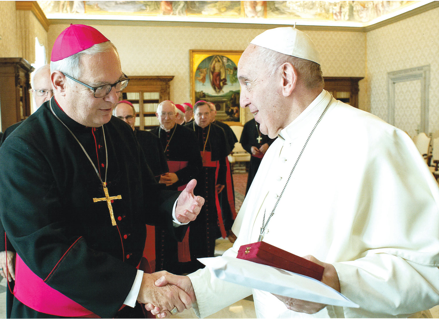 Bishop Thomas J. Tobin greets Pope Francis during the ad limina visit, joining two dozen fellow shepherds from across the New England region, including Auxiliary Bishop Robert C. Evans, to discuss the state of their dioceses with the Holy Father and officials of the Roman Curia and dicasteries.
